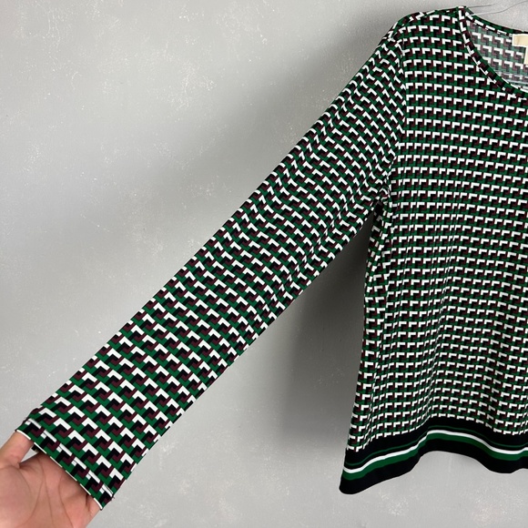 Michael Kors women size XL long sleeve top brown green geometric stretch jersey - Picture 5 of 15